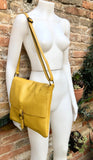 Yellow crossbody leather bag. Soft genuine leather bag. Mustard yellow messenger. Yellow purse with zipper, flap and adjustable strap.