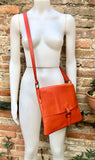 Orange crossbody leather bag. Soft genuine leather bag. Orange messenger. Orange purse with zipper, flap and adjustable strap.