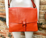 Orange crossbody leather bag. Soft genuine leather bag. Orange messenger. Orange purse with zipper, flap and adjustable strap.