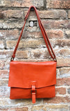 Orange crossbody leather bag. Soft genuine leather bag. Orange messenger. Orange purse with zipper, flap and adjustable strap.