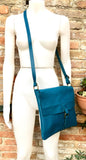 Blue crossbody leather bag. Soft genuine leather bag. Teal blue messenger. Blue purse with zipper, flap and adjustable strap.