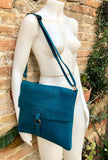 Blue crossbody leather bag. Soft genuine leather bag. Teal blue messenger. Blue purse with zipper, flap and adjustable strap.