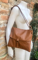 Camel brown crossbody leather bag. Soft genuine leather bag. Brown messenger. Brown purse with zipper, flap and adjustable strap.