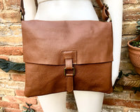 Camel brown crossbody leather bag. Soft genuine leather bag. Brown messenger. Brown purse with zipper, flap and adjustable strap.