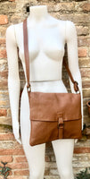 Camel brown crossbody leather bag. Soft genuine leather bag. Brown messenger. Brown purse with zipper, flap and adjustable strap.