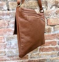 Camel brown crossbody leather bag. Soft genuine leather bag. Brown messenger. Brown purse with zipper, flap and adjustable strap.