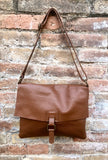 Camel brown crossbody leather bag. Soft genuine leather bag. Brown messenger. Brown purse with zipper, flap and adjustable strap.