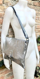 Silver color crossbody leather bag. Soft genuine laminated leather bag. Silver messenger. Silver purse with zipper, flap + adjustable strap.