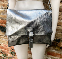 Silver color crossbody leather bag. Soft genuine laminated leather bag. Silver messenger. Silver purse with zipper, flap + adjustable strap.