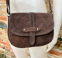 Dark BROWN suede bag. Genuine leather chocolate crossbody bag. Small leather bag with adjustable strap and zipper. Dark brown suede purse.