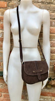 Dark BROWN suede bag. Genuine leather chocolate crossbody bag. Small leather bag with adjustable strap and zipper. Dark brown suede purse.