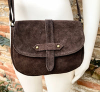 Dark BROWN suede bag. Genuine leather chocolate crossbody bag. Small leather bag with adjustable strap and zipper. Dark brown suede purse.