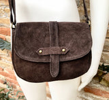 Dark BROWN suede bag. Genuine leather chocolate crossbody bag. Small leather bag with adjustable strap and zipper. Dark brown suede purse.