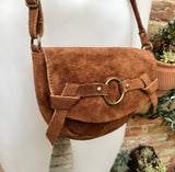 Camel BROWN suede bag.Genuine leather rusty brown crossbody bag.Small leather bag with adjustable strap and zipper.Tobacco brown suede purse