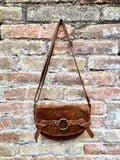 Camel BROWN suede bag.Genuine leather rusty brown crossbody bag.Small leather bag with adjustable strap and zipper.Tobacco brown suede purse