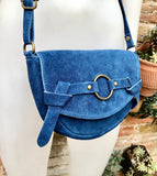 Blue suede bag.Genuine leather. Blue crossbody bag. Small leather bag with adjustable strap and zipper. Small blue suede purse