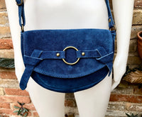 Blue suede bag.Genuine leather. Blue crossbody bag. Small leather bag with adjustable strap and zipper. Small blue suede purse