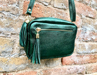 Small metallic green leather bag. GENUINE leather shoulder / crossbody bag. Glitter green leather purse . Tassels, adjustable strap + zipper