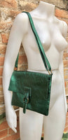 Metallic green crossbody / shoulder bag, genuine leather small crossover, messenger bag with zipper and flap. Small green leather purse