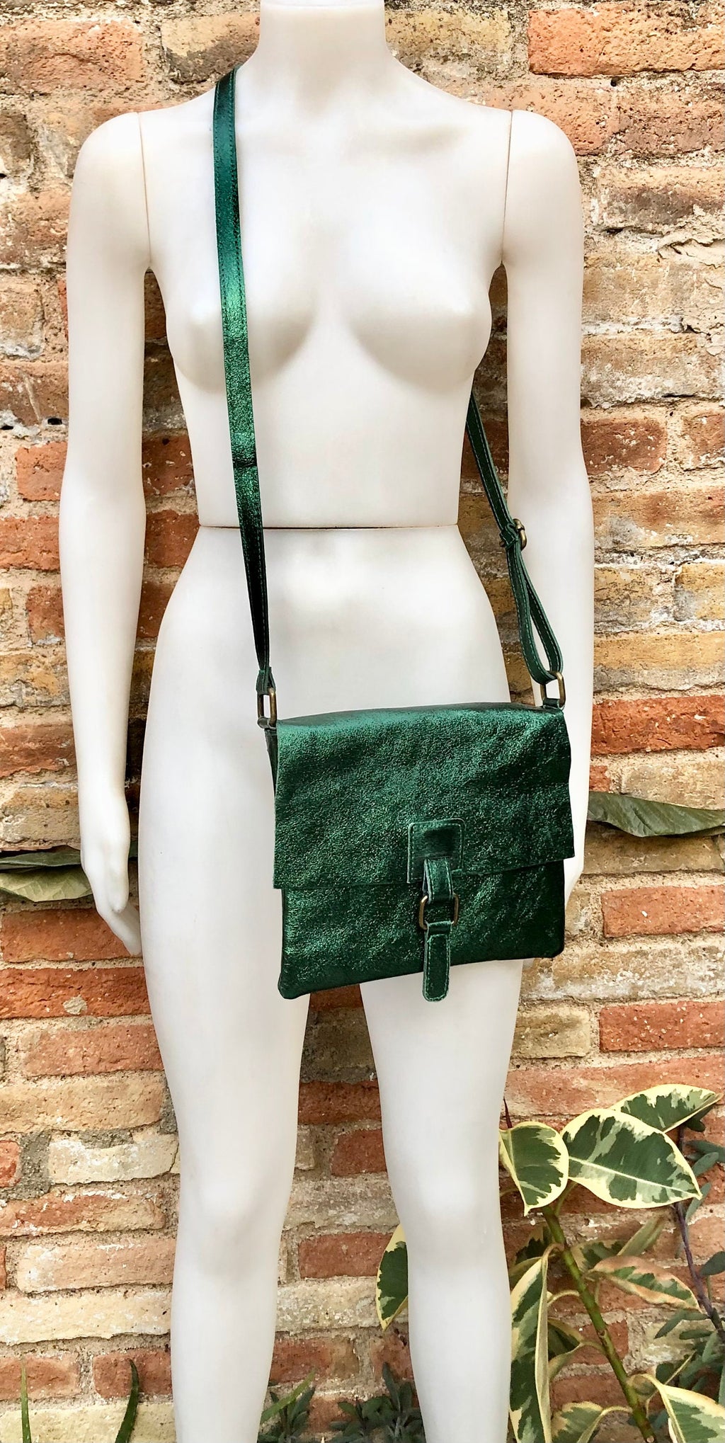 Metallic green crossbody / shoulder bag, genuine leather small crossover, messenger bag with zipper and flap. Small green leather purse