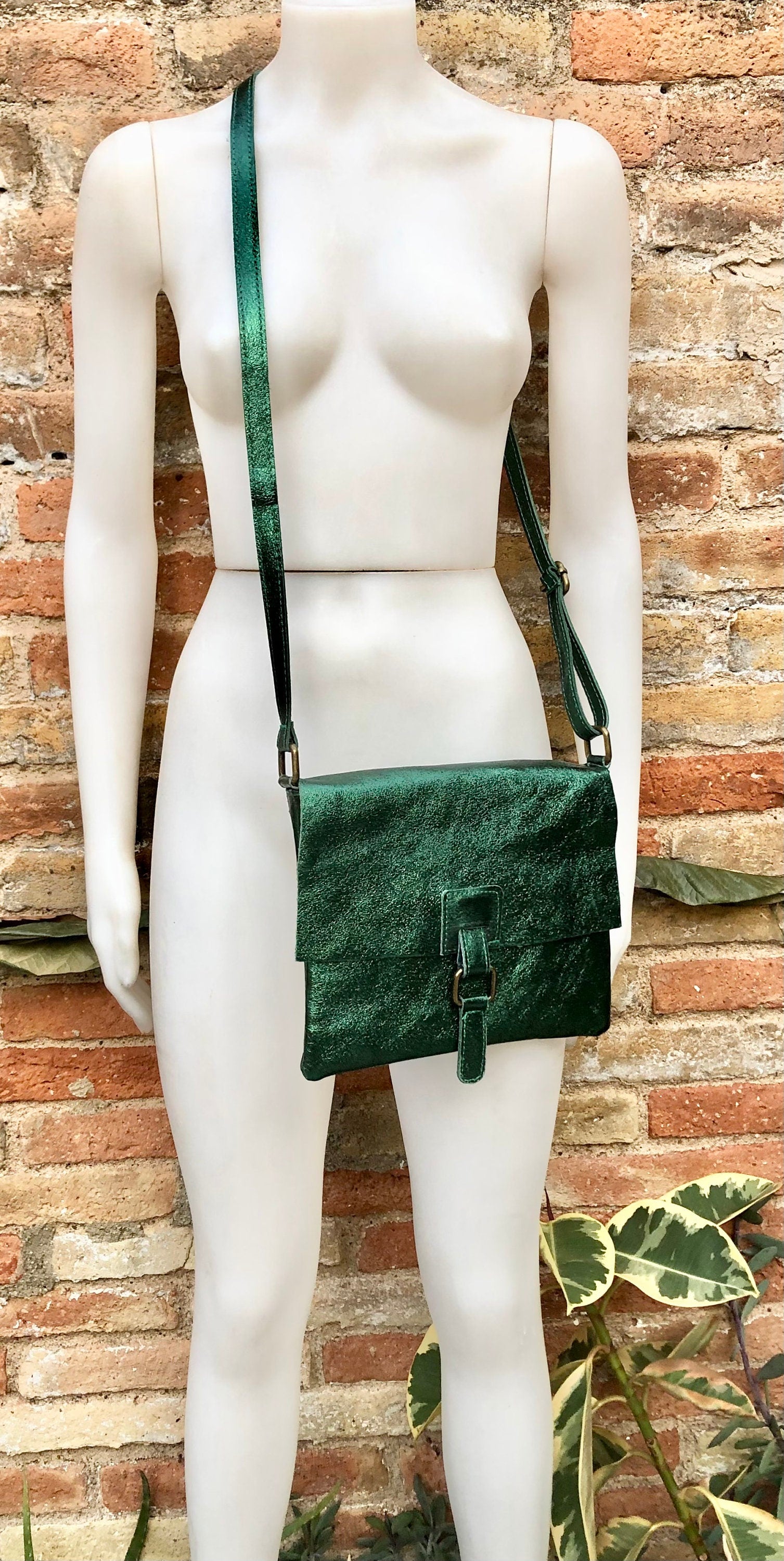 Metallic green crossbody / shoulder bag, genuine leather small crossover, messenger bag with zipper and flap. Small green leather purse