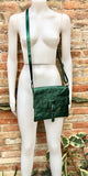 Metallic green crossbody / shoulder bag, genuine leather small crossover, messenger bag with zipper and flap. Small green leather purse