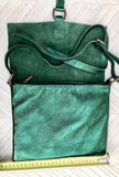 Metallic green crossbody / shoulder bag, genuine leather small crossover, messenger bag with zipper and flap. Small green leather purse