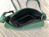 Metallic green crossbody / shoulder bag, genuine leather small crossover, messenger bag with zipper and flap. Small green leather purse