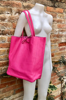 Tote leather bag in fuchsia pink. Soft natural GENUINE leather bag. Large hot pink leather shopper bag, Laptop bag.Hot pink purse