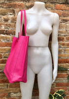 Tote leather bag in fuchsia pink. Soft natural GENUINE leather bag. Large hot pink leather shopper bag, Laptop bag.Hot pink purse