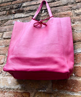 Tote leather bag in fuchsia pink. Soft natural GENUINE leather bag. Large hot pink leather shopper bag, Laptop bag.Hot pink purse