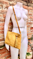 Mustard yellow suede leather bag. GENUINE leather small crossbody / shoulder bag.Adjustable strap + zipper.Mustard yellow purse with tassel