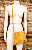 Mustard yellow suede leather bag. GENUINE leather small crossbody / shoulder bag.Adjustable strap + zipper.Mustard yellow purse with tassel