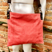 CORAL RED suede messenger bag with brown strap. Soft genuine leather crossbody / shoulder bag for books, tablets. Salmon pink suede purse