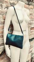 Small leather bag in teal BLUE-GREEN. Crossbody or shoulder bag in GENUINE leather. Blue purse with adjustable strap, flap and zipper.