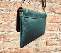 Small leather bag in teal BLUE-GREEN. Crossbody or shoulder bag in GENUINE leather. Blue purse with adjustable strap, flap and zipper.