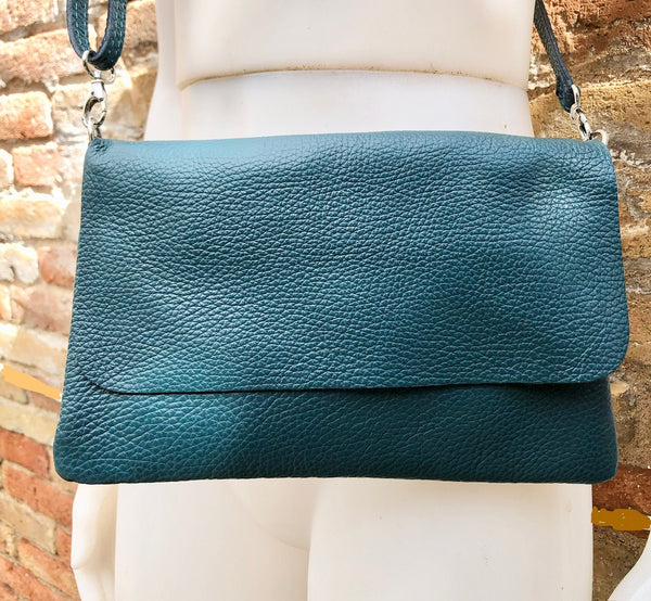 Small leather bag in teal BLUE-GREEN. Crossbody or shoulder bag in GENUINE leather. Blue purse with adjustable strap, flap and zipper.