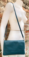 Small leather bag in teal BLUE-GREEN. Crossbody or shoulder bag in GENUINE leather. Blue purse with adjustable strap, flap and zipper.