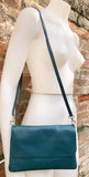 Small leather bag in teal BLUE-GREEN. Crossbody or shoulder bag in GENUINE leather. Blue purse with adjustable strap, flap and zipper.