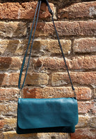 Small leather bag in teal BLUE-GREEN. Crossbody or shoulder bag in GENUINE leather. Blue purse with adjustable strap, flap and zipper.