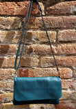 Small leather bag in teal BLUE-GREEN. Crossbody or shoulder bag in GENUINE leather. Blue purse with adjustable strap, flap and zipper.