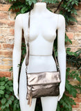 Small leather bag in BRONZE. Cross body bag, shoulder bag in GENUINE leather. Metallic shine bag with adjustable strap, zipper and flap.