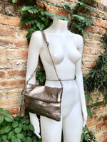 Small leather bag in BRONZE. Cross body bag, shoulder bag in GENUINE leather. Metallic shine bag with adjustable strap, zipper and flap.