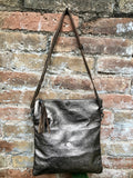 Small leather bag in BRONZE. Cross body bag, shoulder bag in GENUINE leather. Metallic shine bag with adjustable strap, zipper and flap.