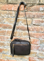 Small leather bag in dark brown. GENUINE leather shoulder / cross body bag. Chocolate brown leather purse, adjustable strap + zippers.