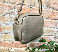 Small leather bag in light brown. GENUINE leather shoulder / cross body bag. Taupe brown leather purse, adjustable strap + zippers.