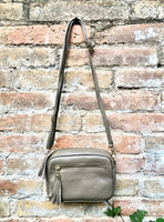 Small leather bag in light brown. GENUINE leather shoulder / cross body bag. Taupe brown leather purse, adjustable strap + zippers.