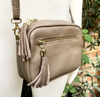 Small leather bag in light brown. GENUINE leather shoulder / cross body bag. Taupe brown leather purse, adjustable strap + zippers.