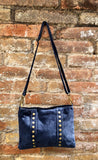 Crossbody bag. Boho suede leather bag in navy blue with bronze color tacks. Messenger bag in genuine suede leather. Navy blue suede purse.