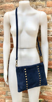 Crossbody bag. Boho suede leather bag in navy blue with bronze color tacks. Messenger bag in genuine suede leather. Navy blue suede purse.